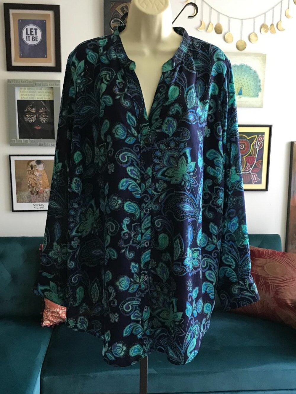BELLE Kim Gravel size 2X Blue & Green Metallic Bohemian Paisley Print Tunic Top - Picture 1 of 4